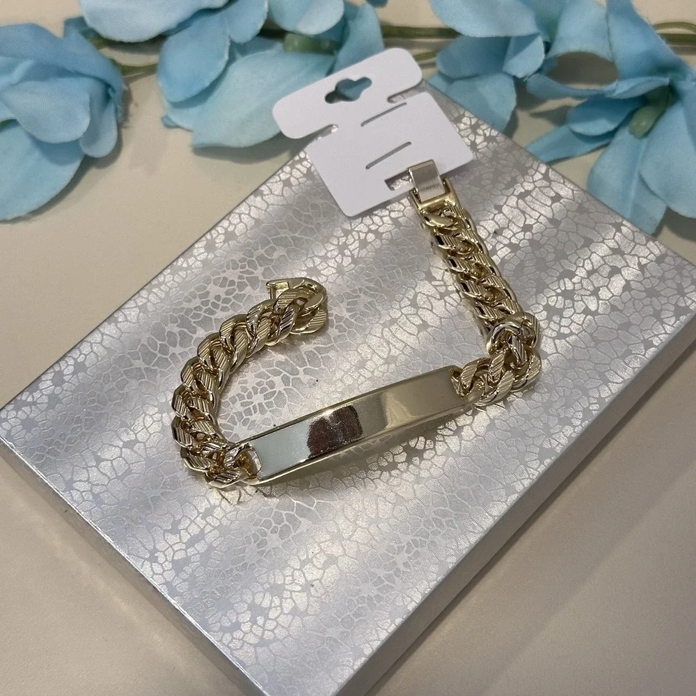 14K Gold Plated Men's Bracelet ID Cuban Link 8in‎